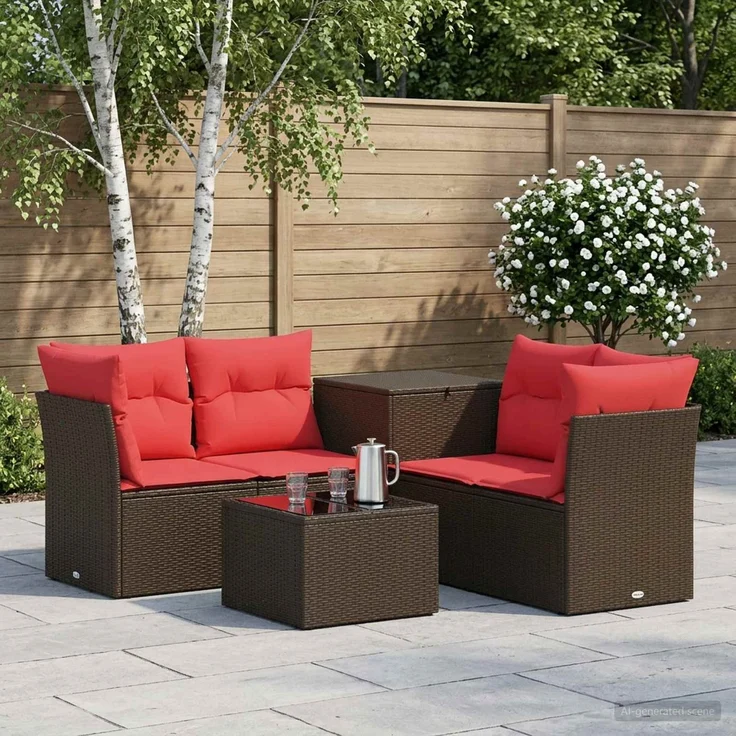 vidaXL Sofa Set 6 stk. Braun und Rot Polyrattan und Stahl 3447349 – Bild 1