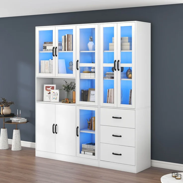 DESVIAE Vitrine Kombi-Set Weiß aus Spanplatte – 180x200x40 cm – LED-Beleuchtung, 8 Türen, 3 Schubladen – Bild 9