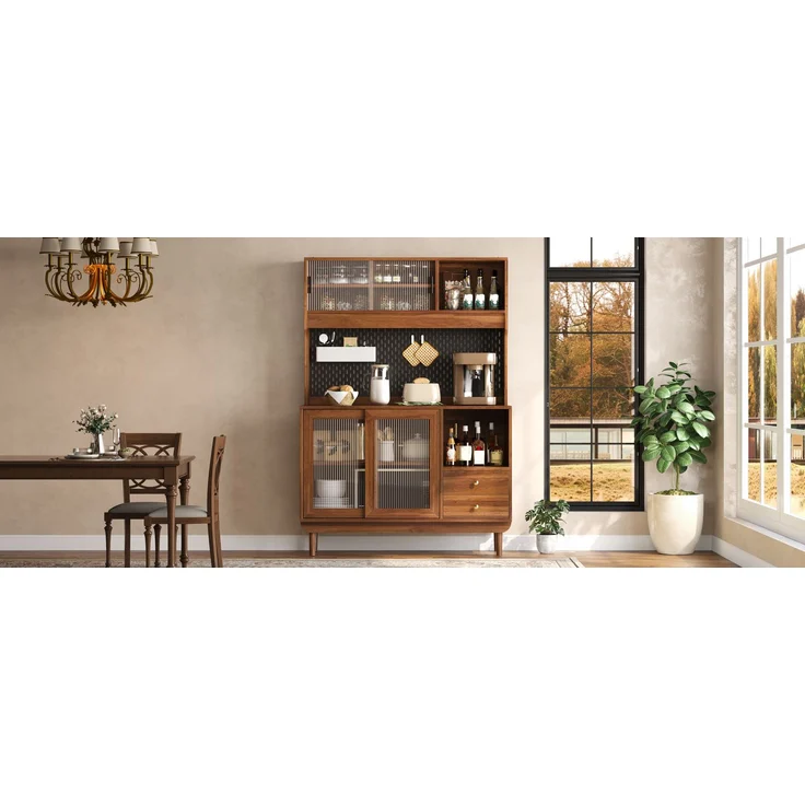 ZUBALIYA Lochplatten-Rückwand / Küchenschrank aus MDF und Spanplatte mit Kiefernholz Füßin, mit küchenbuffet mit Riffelglas-Schiebetüren und schubladen und offenen Fächern, 117.00 x 30.00 x 170.00 cm – Bild 8
