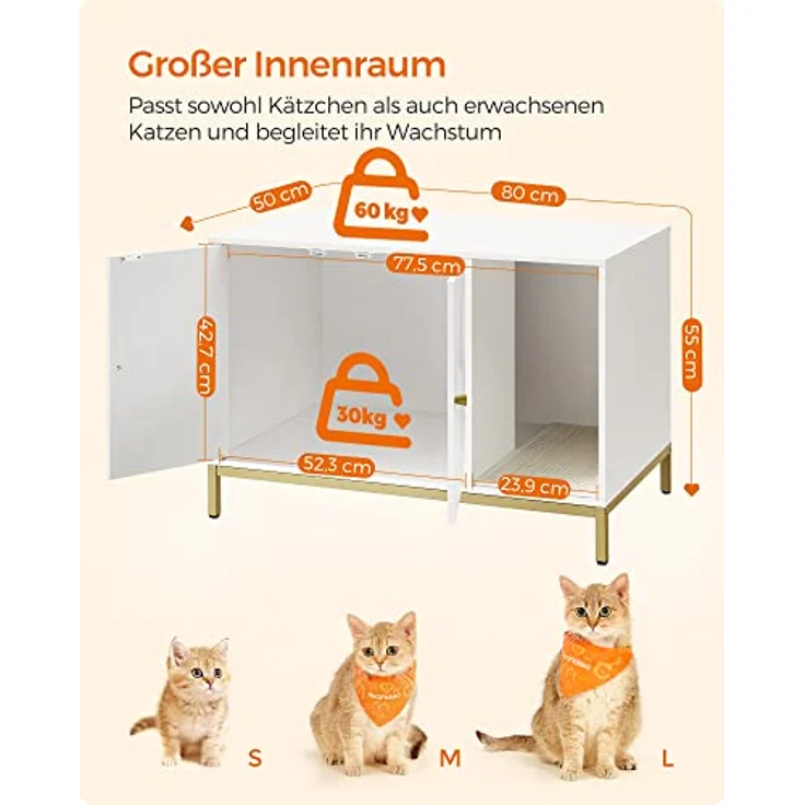 Feandrea Katzenklo-Schrank, Katzenhaus, Katzentoilette, mit Kratzmatte, hohe Beine, für Katzen, Beistelltisch, 80 x 50 x 55 cm, weiß-goldfarben PCL007W01 – Bild 3
