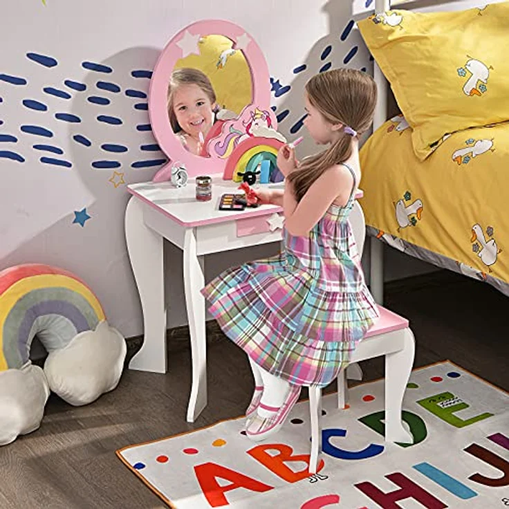 COSTWAY Kinder Schminktisch mit Hocker, rosa Frisierkommode, Prinzessin Frisiertisch mit Schublade & Abnehmbarer Spiegel, Schminkkommode für Mädchen von 3-7 Jahren (Weiß) – Bild 9