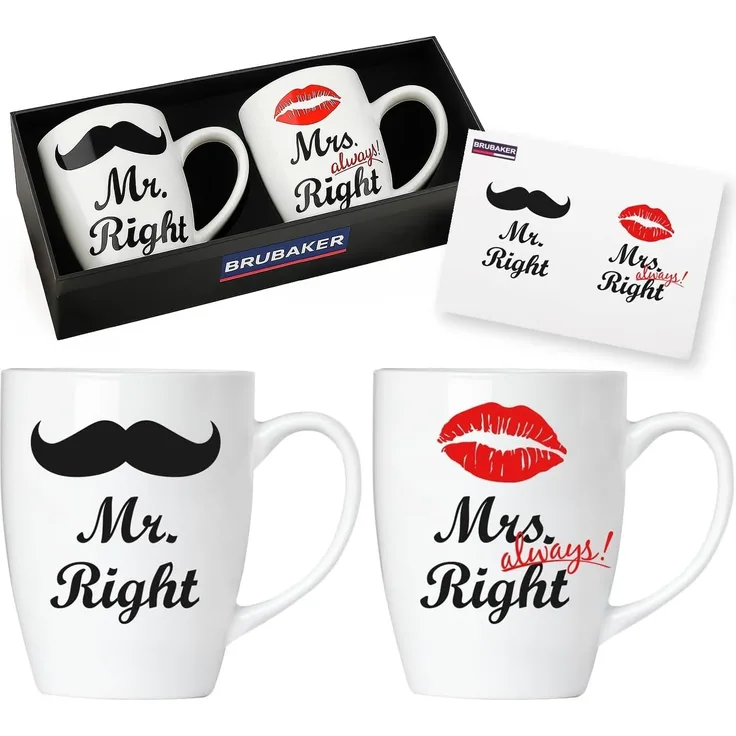Mr. Right & Mrs. Always Right Tassen aus Keramik - Grußkarte und Geschenkpackung