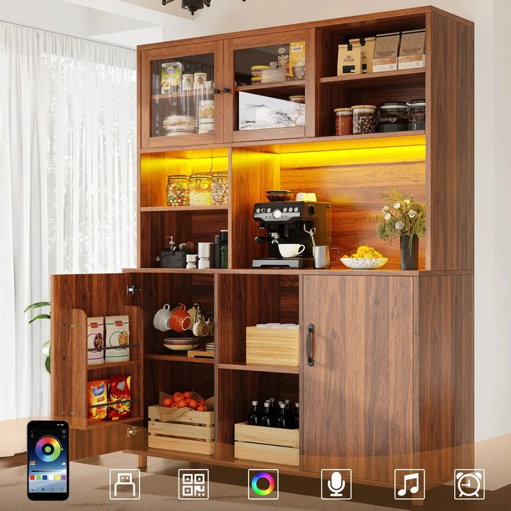 Hochschränke fürs Wohnzimmer(140×40×185cm), Küchenschrank,Esszimmerschrank,Schränke mit LED-Beleuchtung, Schranktür mit Snackablage,Retro-Stil, Walnussfarbe--Walnussbraun--140x40x185cm--YOUDENOVA – Bild 1