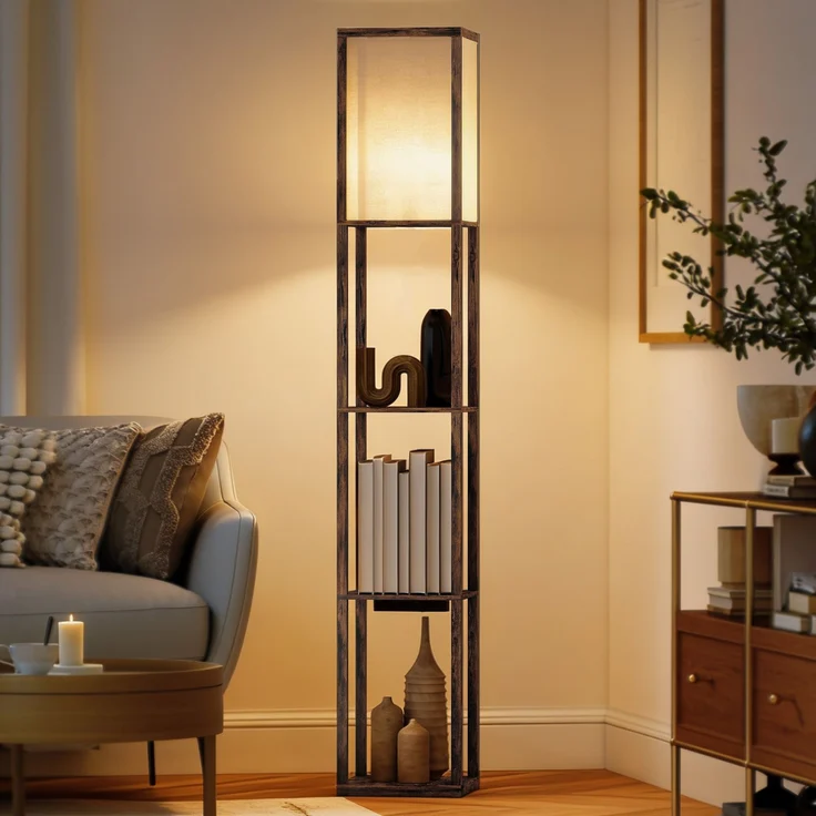 JARDJ Stehlampe mit Ablagen, dimmbarem Licht, Fußschalter und USB-Anschlüssen, Braun – Bild 3