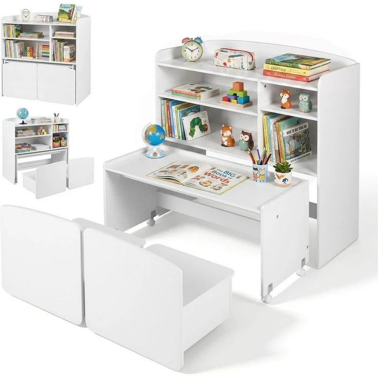 COSTWAY Kindertisch (4-St), 3 in 1 Kinderregal mit Tisch auf Rollen, 2 Stuhl – Bild 1