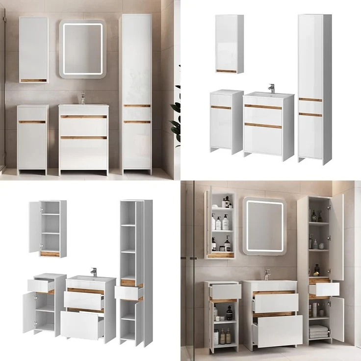 Badmöbel-Set Detmold Weiß Hochglanz/Goldkraft Eiche 5er-Set Vicco – Bild 8