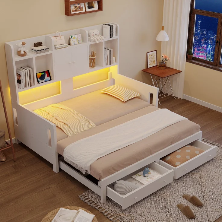 EINHOM Multifunktionales Ausziehbares Schlafsofa Aus Holz Mit Schubladen, Ablageflächen, Schränken und offenen Fächern, Ausgestattet Mit Steckdosen und LED-Beleuchtung, Gästebett, Weiß (Ohne Matratze) – Bild 4