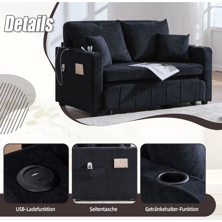 Wohnora-Multifunktionales Stoffsofa, ausziehbares Klappsofa, als Sofa oder Bett nutzbar, mit Aufbewahrungstaschen an den Armlehnen, mit USB-Ladefunktion und Getränkehaltern (schwarzer Chenille),H 83cm x T 139cm x B 73cm,Schwarz – Bild 4