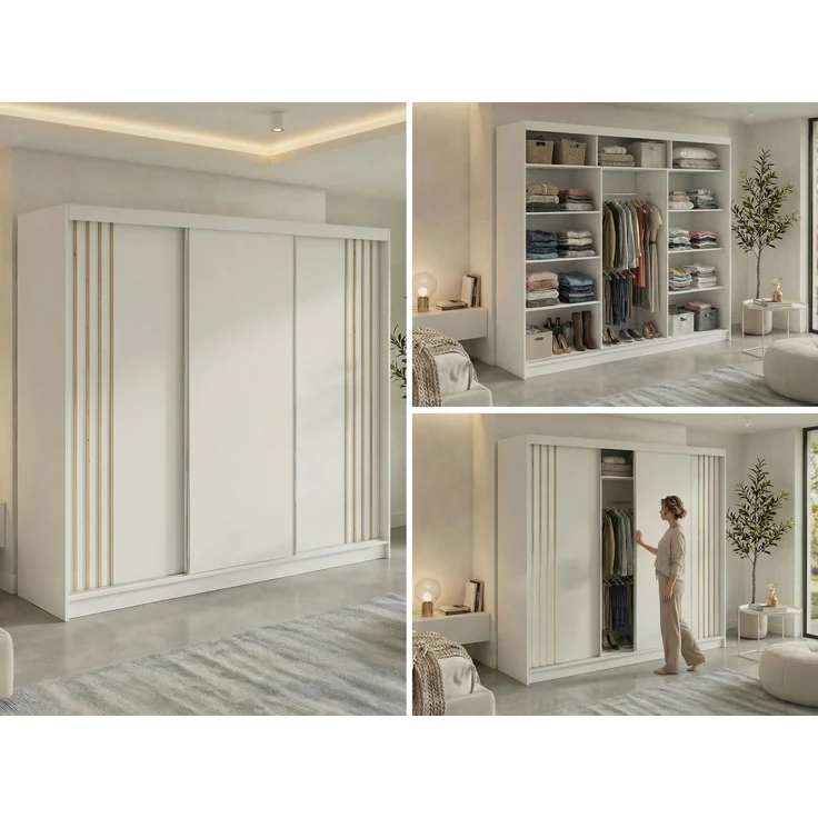 Schwebetürenschrank NAURU mit Lamellen-Optik, moderner Kleiderschrank, Breite 240 cm, inkl. Innenausstattung & Stauraum, Akustikpaneel-Design - Weiß und Aristan-Eiche – Bild 2