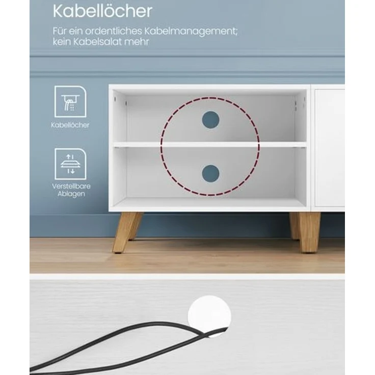 VASAGLE TV-Schrank, Fernsehtisch mit 2 Türen, 160 cm lang, TV-Regal für Fernseher bis zu 65 Zoll, verstellbare Ablagen, für Wohnzimmer, Esszimmer, Schlafzimmer, schneeweiß LTVDE030W01 – Bild 3