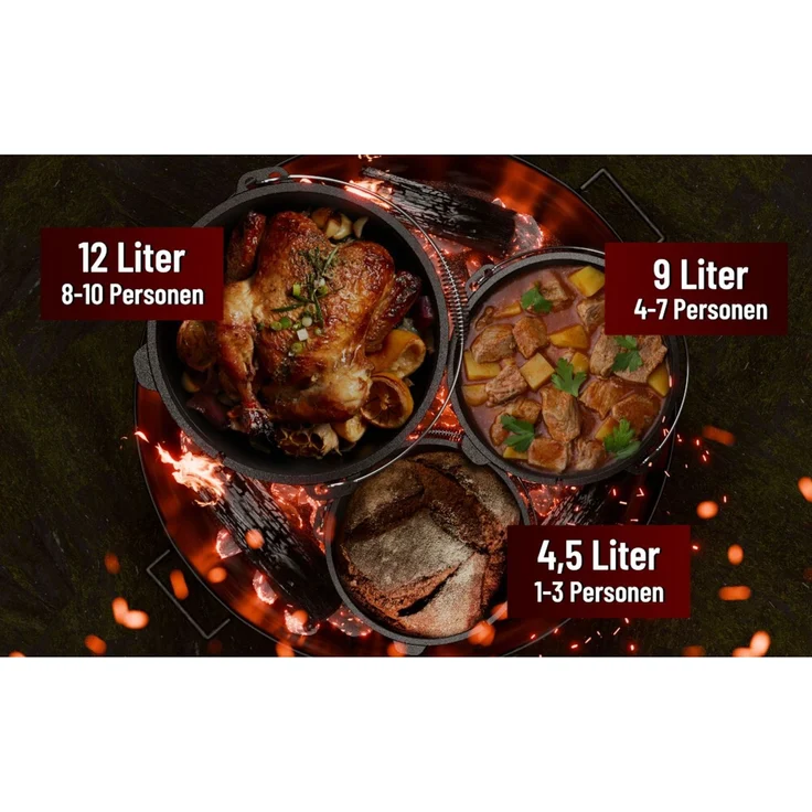 Dutch Oven 9 L mit Füßen – Gusseisen Feuertopf eingebrannt mit 2in1 Deckelheber, Bürste & Rezeptbuch für Outdoor & Camping – Bild 9