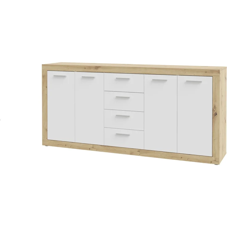 Forte BACCIO Kommode 200, modernes Sideboard mit 4 Schubladen und Türen, Holzwerkstoff, Artisan Eiche Holzdekor | Weiß, 197,1 cm breit x 91,9 cm hoch x 41 cm tief – Bild 8