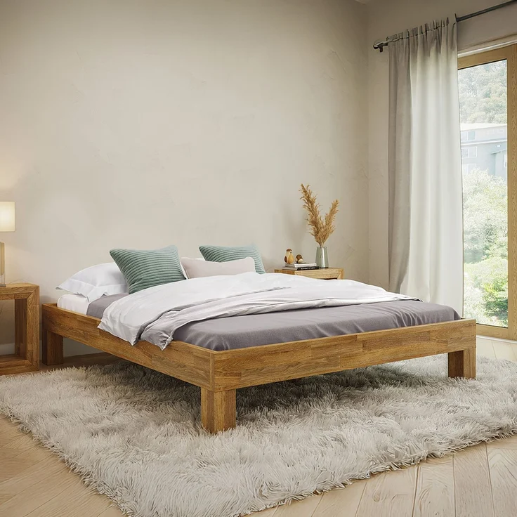 skølm 'Floki' Bett 160x200 cm, Bettgestell, natur geölt, Massivholzbett aus Eiche, geeignet als Doppelbett – Bild 1