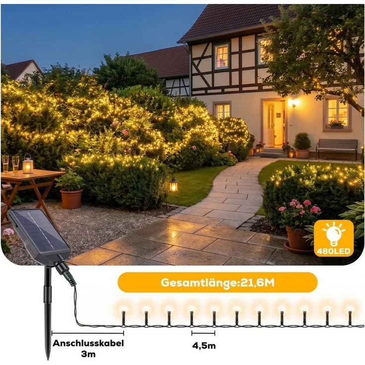 Salcar LED Solarleuchte LED Lichterkette Außen Solar Gartenleuchte Terrasse Balkon Party, Warmweiß, 24,6m 480er LED mit Fernbedienung, 13 Modi, Wasserdichte – Bild 4