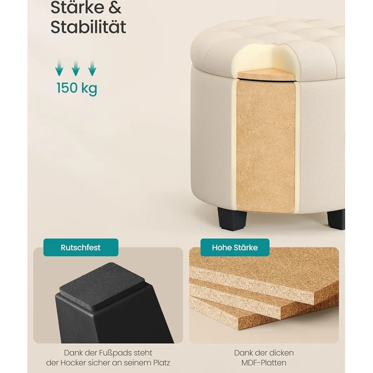 SONGMICS Sitzhocker rund, Fußhocker mit Stauraum, Schminkhocker mit Füßen, 45 x 45 x 44,5 cm, Leinenimitat, bis 150 kg belastbar, für Wohnzimmer Schlafzimmer, hellbeige – Bild 4