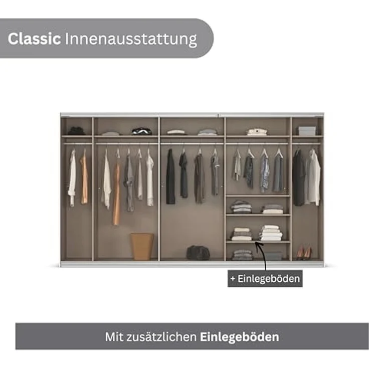 Rauch Möbel Kulmbach, Kleiderschrank mit Schwebetüren für Schlafzimmer, Kinderzimmer, Jugendzimmer, Garderobe, Flur, 3-türig, mit Spiegel, Zubehör Classic, Farbe Grau metallic, Schwarz, Breite 360 cm – Bild 7