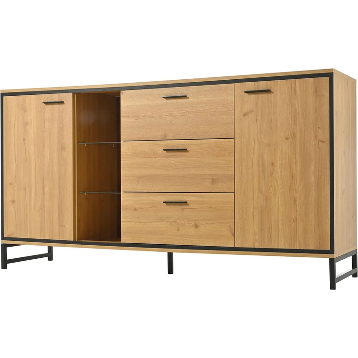 DESVIAE Sideboard mit LED-Beleuchtung, verstellbaren Regalböden, 160x85x40 cm, Spanplatte und MDF, Naturholz und Schwarz – Bild 8