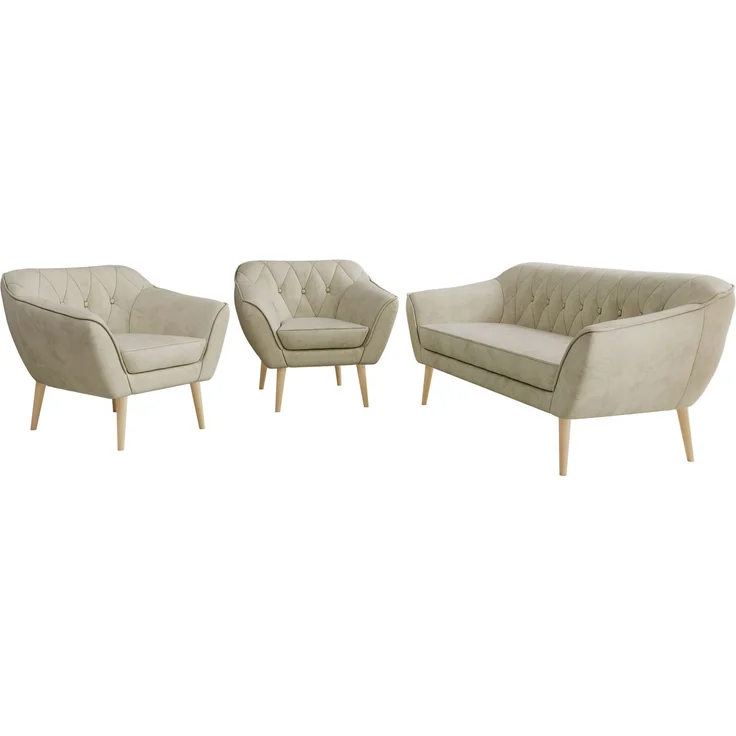 Wohnzimmerset PIRS 1-1-3, Skandinavisches 3-Sitzer Sofa mit Sesseln, Sofa mit Wellenfederung, Buche Füße, Skandinavisches Möbelset - Beige Velvet – Bild 7