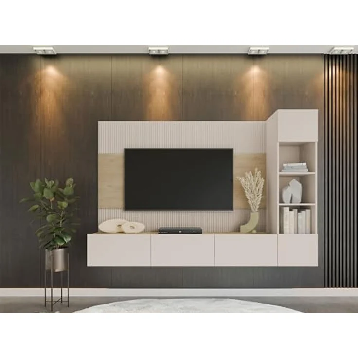 Mirjan24 Wohnwand, Beige, Holzwerkstoff, 220x150x38 cm, mit griffloses Öffnungssystem und Gasdruckfeder – Bild 4