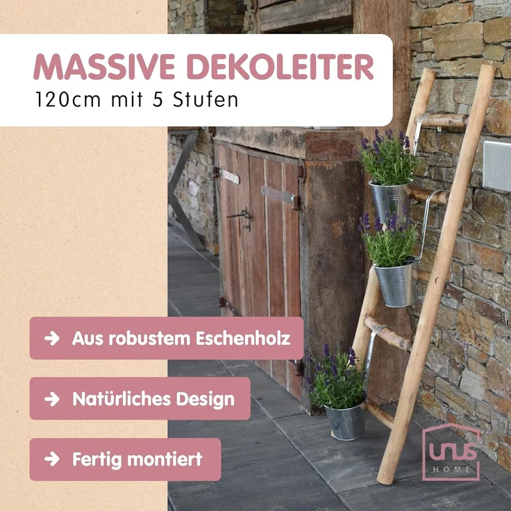 UNUS HOME Regalleiter Deko-Holzleiter (120cm, old look), handtuchhalter, gartendeko, pflanzenhalter, handtuchleiter, holzleiter – Bild 2