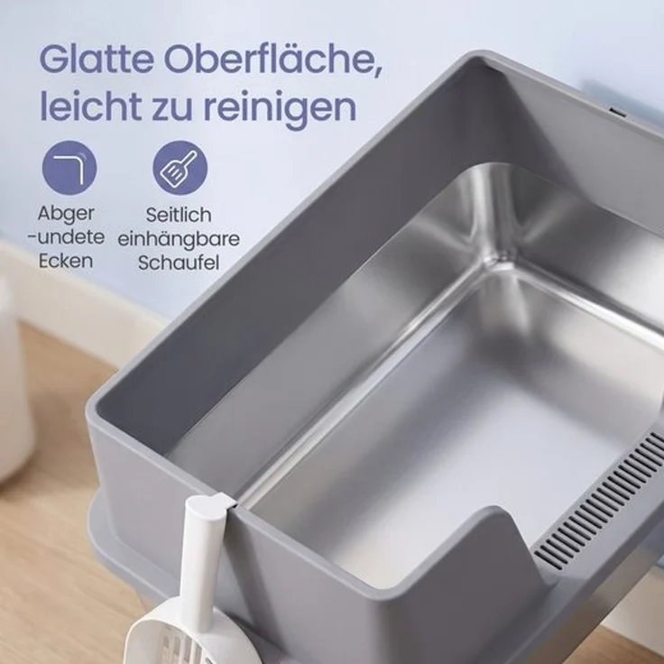 FEANDREA Edelstahl Katzenklo XXL Offen mit Hohem Rand 61 x 41 x 30 cm Taubengrau – Bild 4
