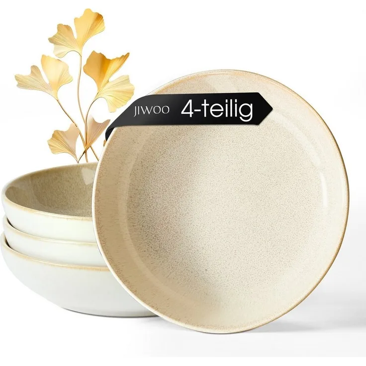 JIWOO Suppenteller 4er Ø21,9cm, Speiseteller Pastateller Salatteller Dessertteller Plate, (4 St), Keramik Hochwertiges Tellerset Braun Mikrowellenofen Spülmaschine