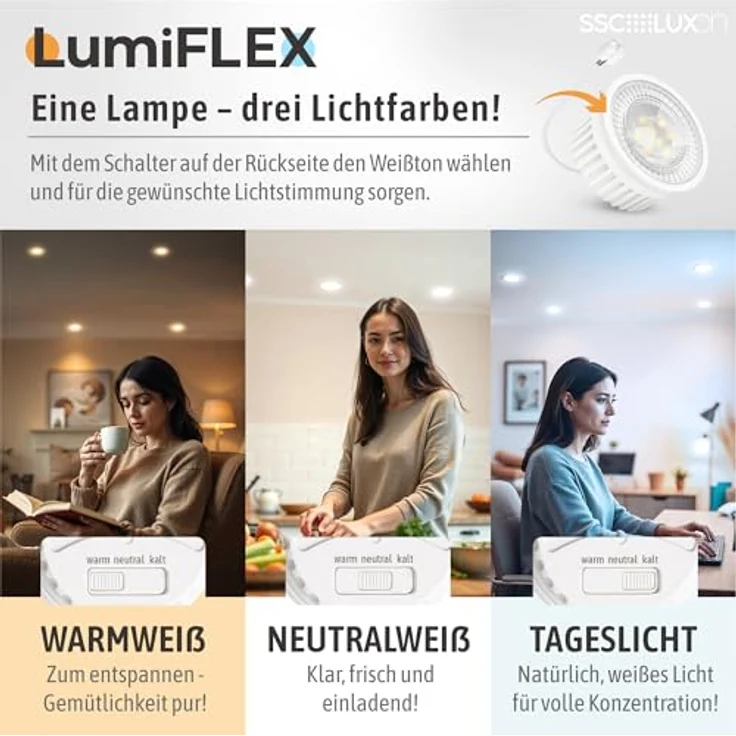 SSC-LUXon QF-2 quadratischer Einbauspot LED, schwenkbar in weiß, inkl. GU10 LED 5W LumiFLEX, drei Lichtfarben (warmweiß, neutralweiß, kaltweiß) – Bild 5