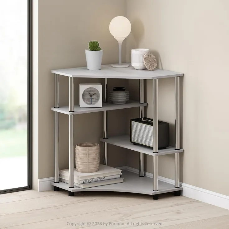 Furinno Turn-N-Tube Multifunktionales Eckregal, Präsentationsständer, Bücherregal, Weißeiche, Edelstahlrohre, Weiße Eiche/Edelstahl