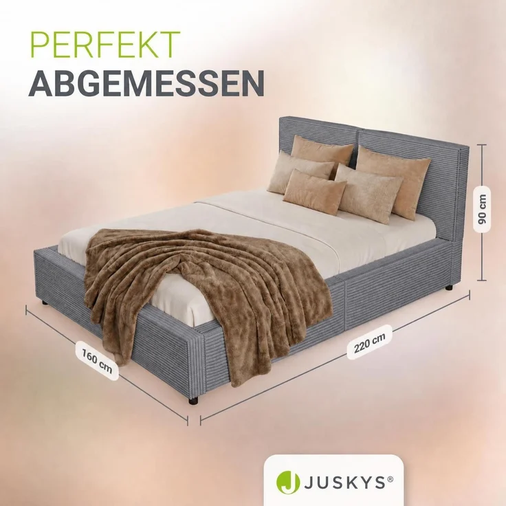 Juskys Polsterbett Salerno 140 x 200 cm – Cord Grau, modernes Bett mit Kopf- & Fußteil, stabilem Holz- & Metallrahmen, Lattenrost, 500 kg Tragkraft – Bild 7