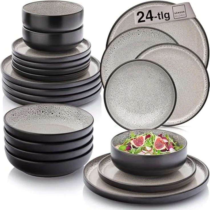 Sänger Luxor Tafelservice, 24-teilig, braun-beiges Steingut, kratzfest, rund, für Essen & Trinken