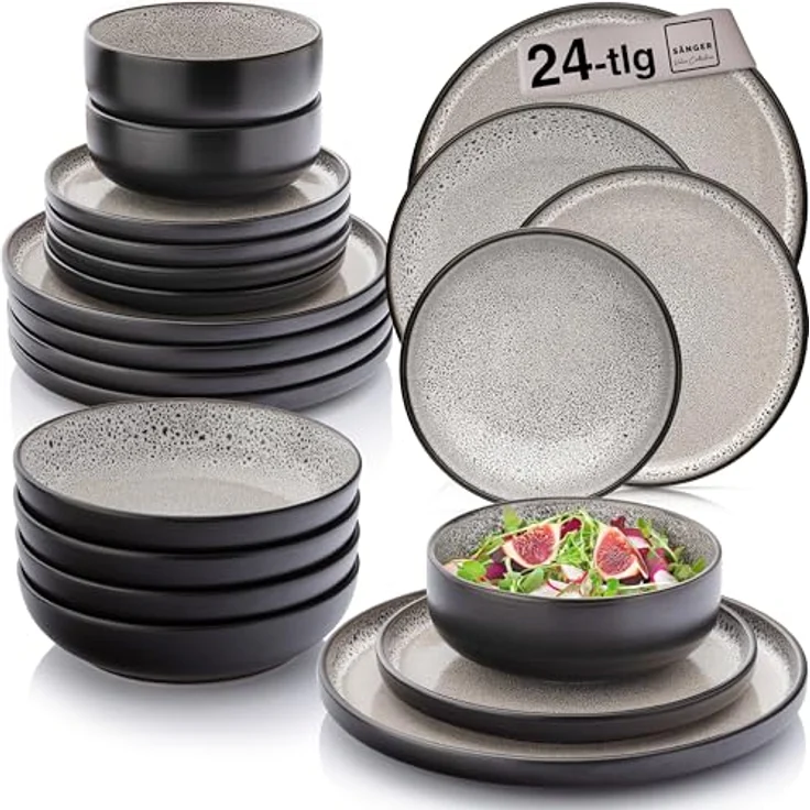 Sänger Luxor Tafelservice, 24-teilig, braun-beiges Steingut, kratzfest, rund, für Essen & Trinken – Bild 1