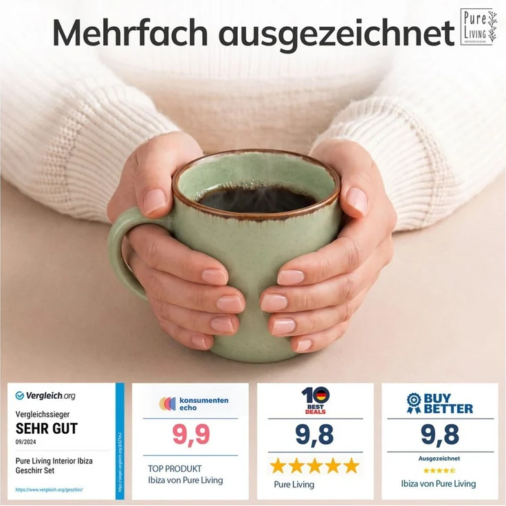 PURE LIVING INTERIOR DESIGN Geschirr-Set Tassen 6er 350ml »Rustic«, Steingut, Mintgrün (6-tlg), 6 Personen, Steingut – Bild 3