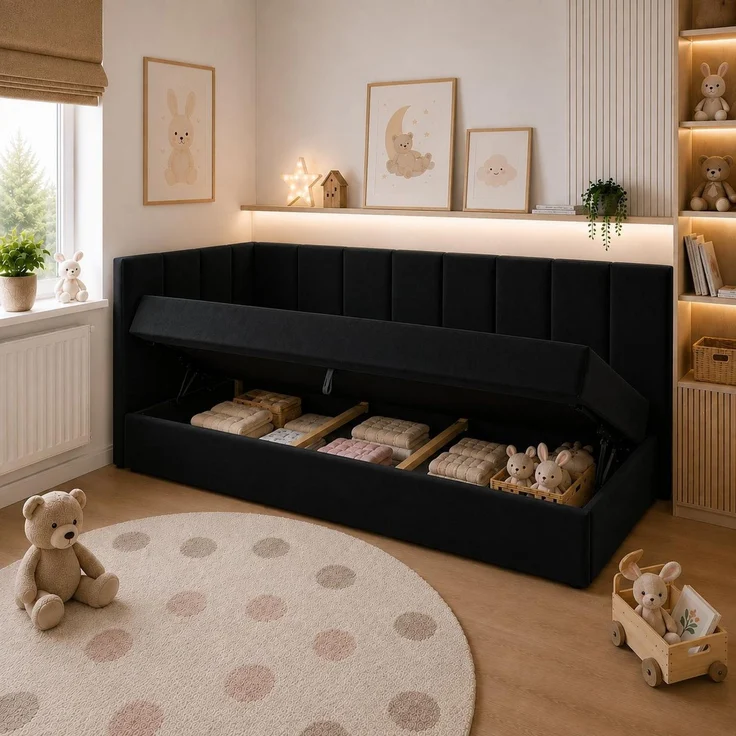 KRISAN MÖBEL Polsterbett TEDY Schwarz 100 x 200 cm mit Bettkasten, gepolstertem Kopfteil und praktischem Stauraum, modernes Einzelbett für Kinder- und Jugendzimmer – Bild 5