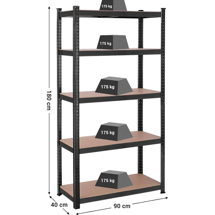 Songmics Lagerregal mit 5 Regalböden, 180 x 90 x 40cm, bis 875 kg belastbar (175 kg pro Ablage), Schwerlastregal mit verstellbaren Ablagen, verstärktes Stahlgestell, Schwarz – Bild 3