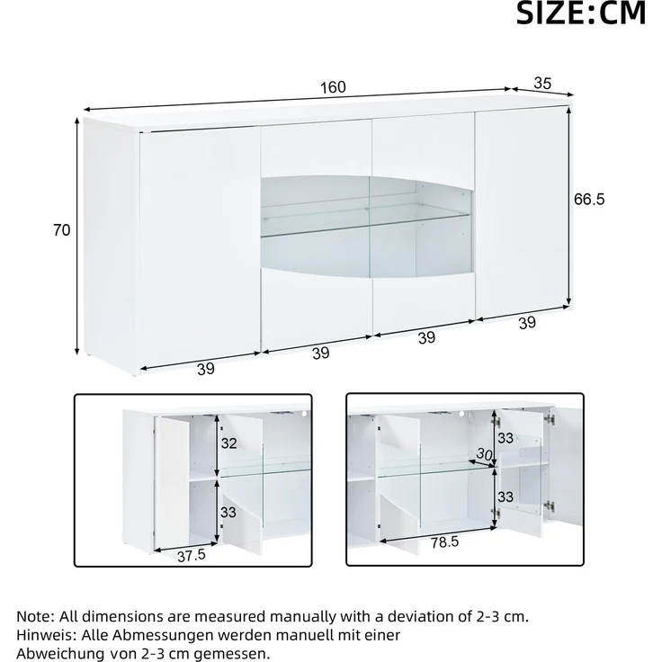 DESVIAE Sideboard Weiß aus MDF – 160x70x35 cm – LED-Beleuchtung, 4 Türen, 6 Staufächer – Bild 8