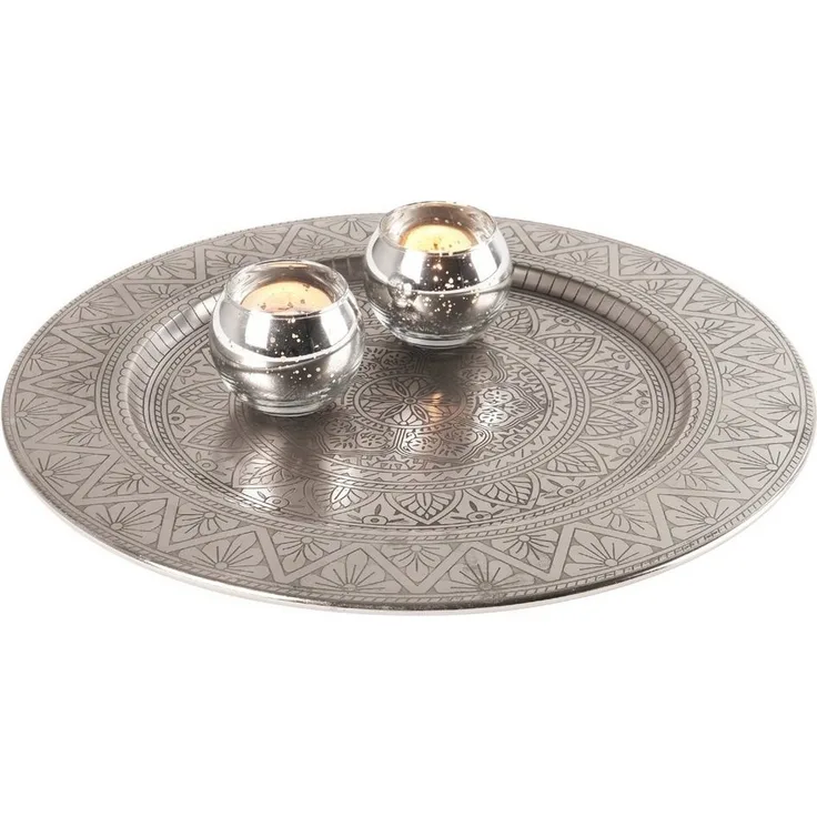 Marrakesch Orient & Mediterran Interior Tablett Orientalisches rundes Tablett aus Metall Manar 35cm, Handarbeit
