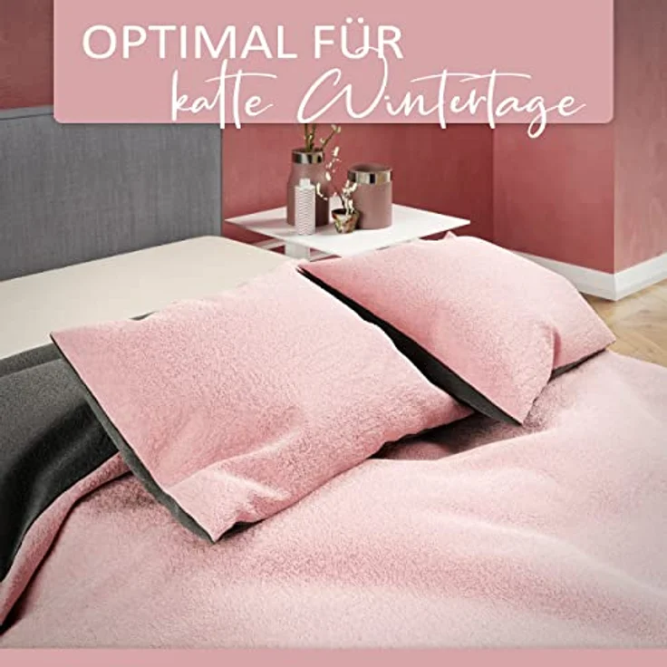 Moderne Plüschbettwäsche mit Reißverschluss - einfarbig, wendbar & warmhaltend Rosa 200x220cm + 2x 80x80cm Kissenbezug – Bild 4