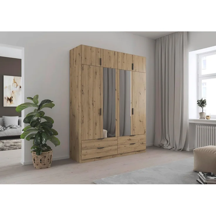 Rauch Möbel Lagoa, Kleiderschrank, Garderobe für Schlafzimmer, Kinderzimmer, Jugendzimmer 8-türig, mit Spiegel, 4 Schubladen, mit Zubehör Classic, Farbe Eiche Artisan, Holz, Breite 181 – Bild 2