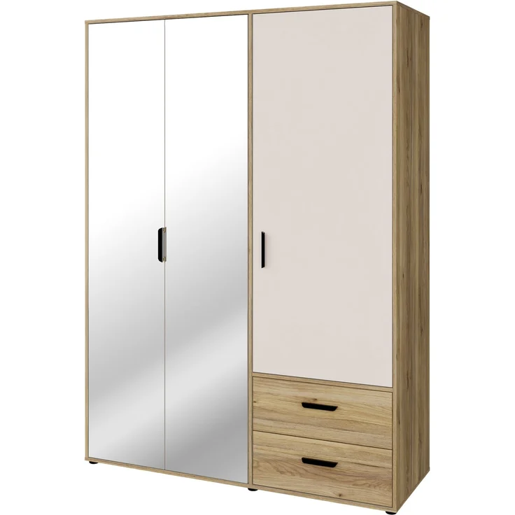 Forte MOKKARO Kleiderschrank 140 150, moderner Drehtürenschrank, 3-türig, 2 Schubladen, Spiegel, Mauvella Eiche Holzdekor|Kaschmir Beige, 144,4 cm breit x 200,1 cm hoch x 52,7 cm tief – Bild 8