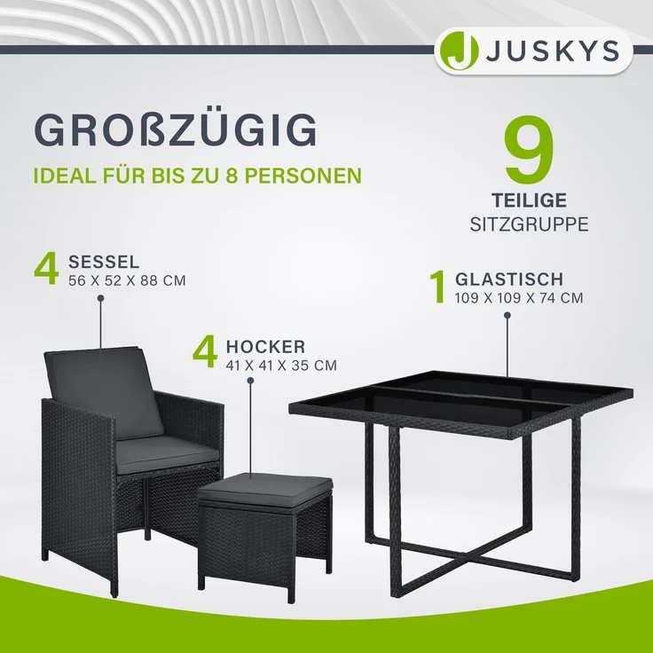 Juskys Polyrattan Sitzgruppe Baracoa L 9-teilig wetterfest & stapelbar – Gartenmöbel Set mit 4 Stühle, 4 Hocker & Tisch für Garten & Terrasse – Bild 3
