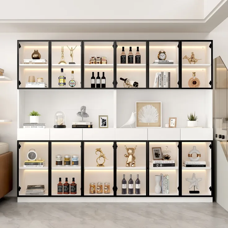 Vitrinenschrank 240x36x200 cm in Weiß, LED-Beleuchtung, Glastüren & 3 Schubladen