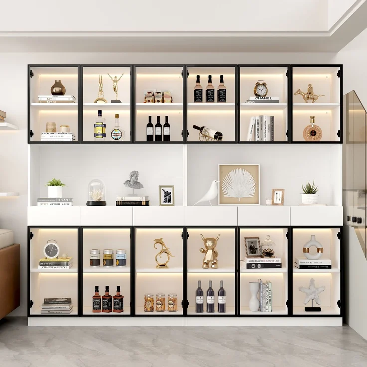 Vitrinenschrank 240x36x200 cm in Weiß, LED-Beleuchtung, Glastüren & 3 Schubladen – Bild 1