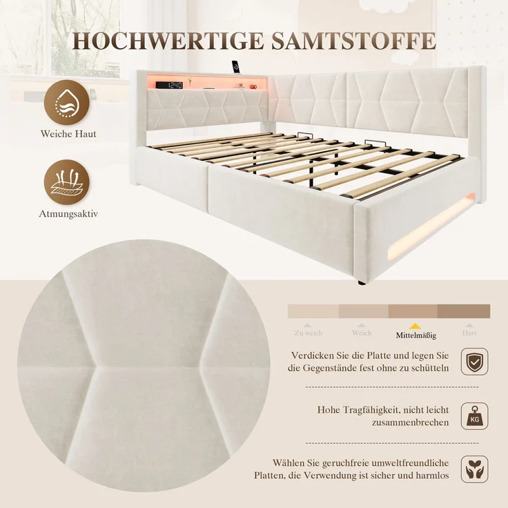 LVHOM Einzelbett 140x200 cm mit Stauraum, Polsterbett mit LED, USB und Type-C, Jugendbett, Hydraulischem Bettgestell, Samt, Beige – Bild 6