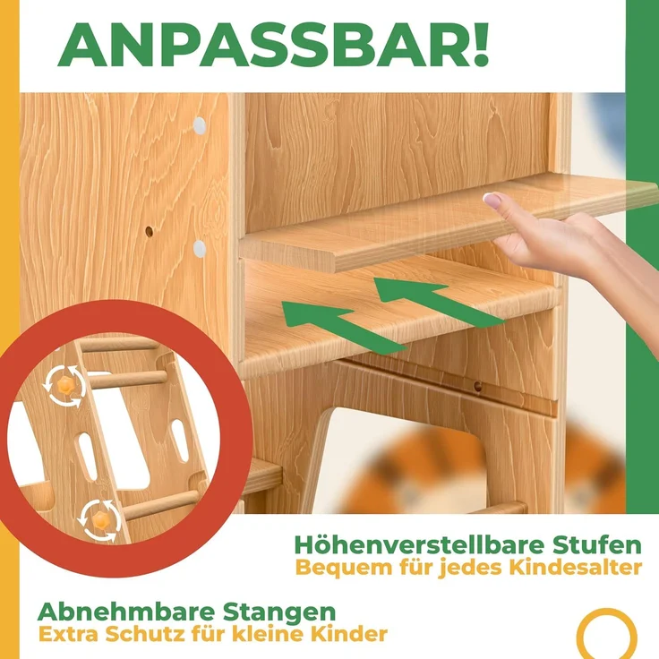 KIDIZ® Lernturm für Kinder ab 1 Jahr inkl. Lernuhr | 3-stufig Höhenverstellbarer Tritthocker aus Kiefernholz | spielerisch motorische Fähigkeiten fördern Montessori Learning Tower bis 50 kg belastbar Hellbraun – Bild 6