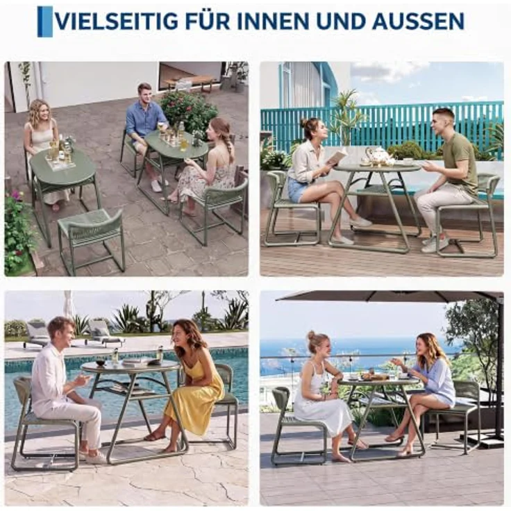GarveeHome Bistrotisch mit 2 Stühlen, Modernes 3-teiliges Bistro-Set für Garten, Balkonmöbel Set mit 80cm Tisch&2 Stühle aus wetterfestem, Terrassenmöbel Möbel Set für Kleinen Balkon（Graugrün） – Bild 7