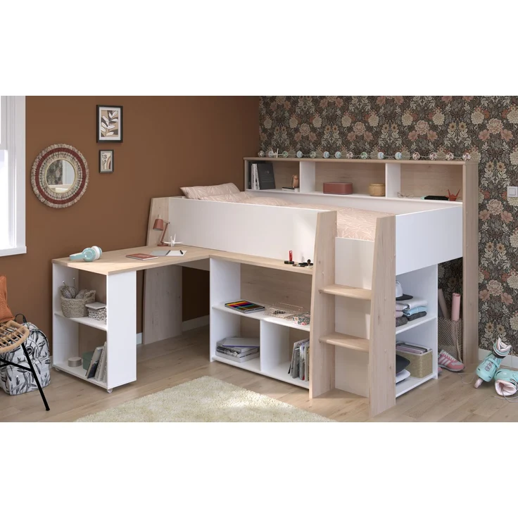 Parisot Lucas Hochbett 90x200 – Weiß/Eiche Dekor – Bild 2