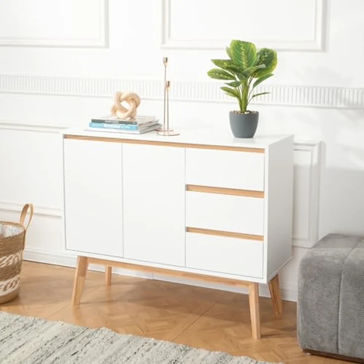 hjh LIVING Kommode mit 3 Schubladen, 2 Türen TAROLO I Sideboard im skandinavischen Stil, Soft-Close, griffloses Design, Schrank mit Holzbeinen, Weiß – Bild 3