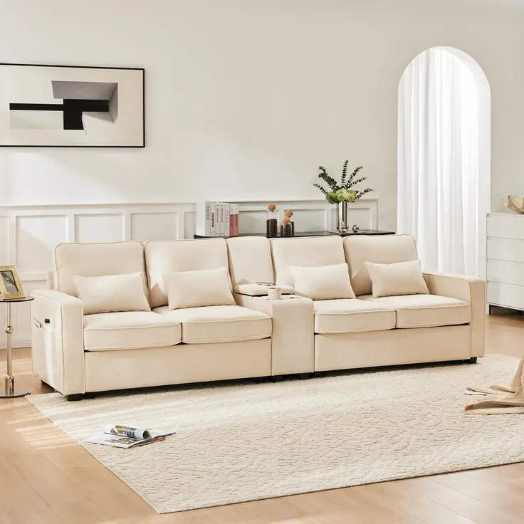 Big-Sofa, 4-Sitzer inkl. loser Zier- und Rückenkissen, Zwischentisch, USB-Anschlüssen, Polstersofa, Wohnzimmersofa, Leinen – Bild 2