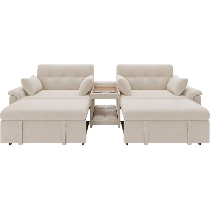 Merax U-förmiges Schlafsofa, ausziehbar, Doppel-Schlafauszug, verstellbare Rückenlehne, Haustierbereich, Couchtisch mit 2 Becherhaltern, 4 Kissen, Chenille, Beige, 284×138×89 cm – Bild 8