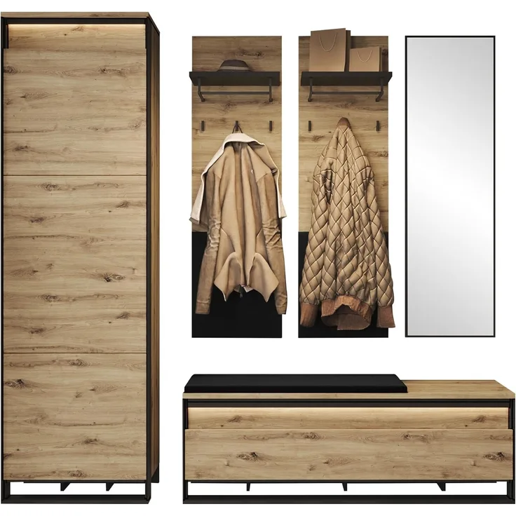 Garderoben-Set Quant VIII Kleiderschrank, Schuhschrank, Spiegel, Kleiderhakenbrett (Farbe: Artisan Eiche / Schwarz + Velo 637)